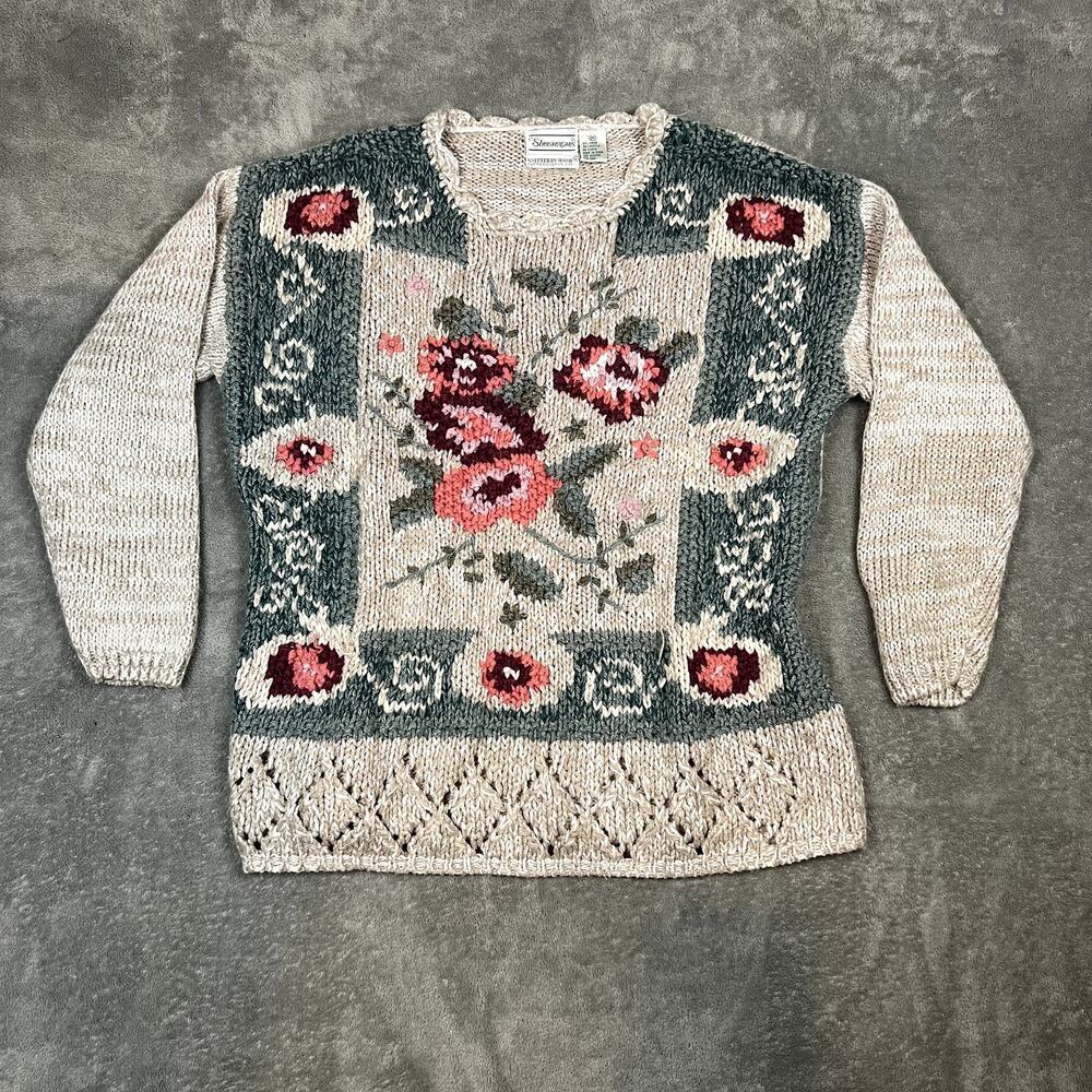 VTG Shenanigans Sweater Hand Knit‎ Womens M Chunky Floral Granmother Cottage